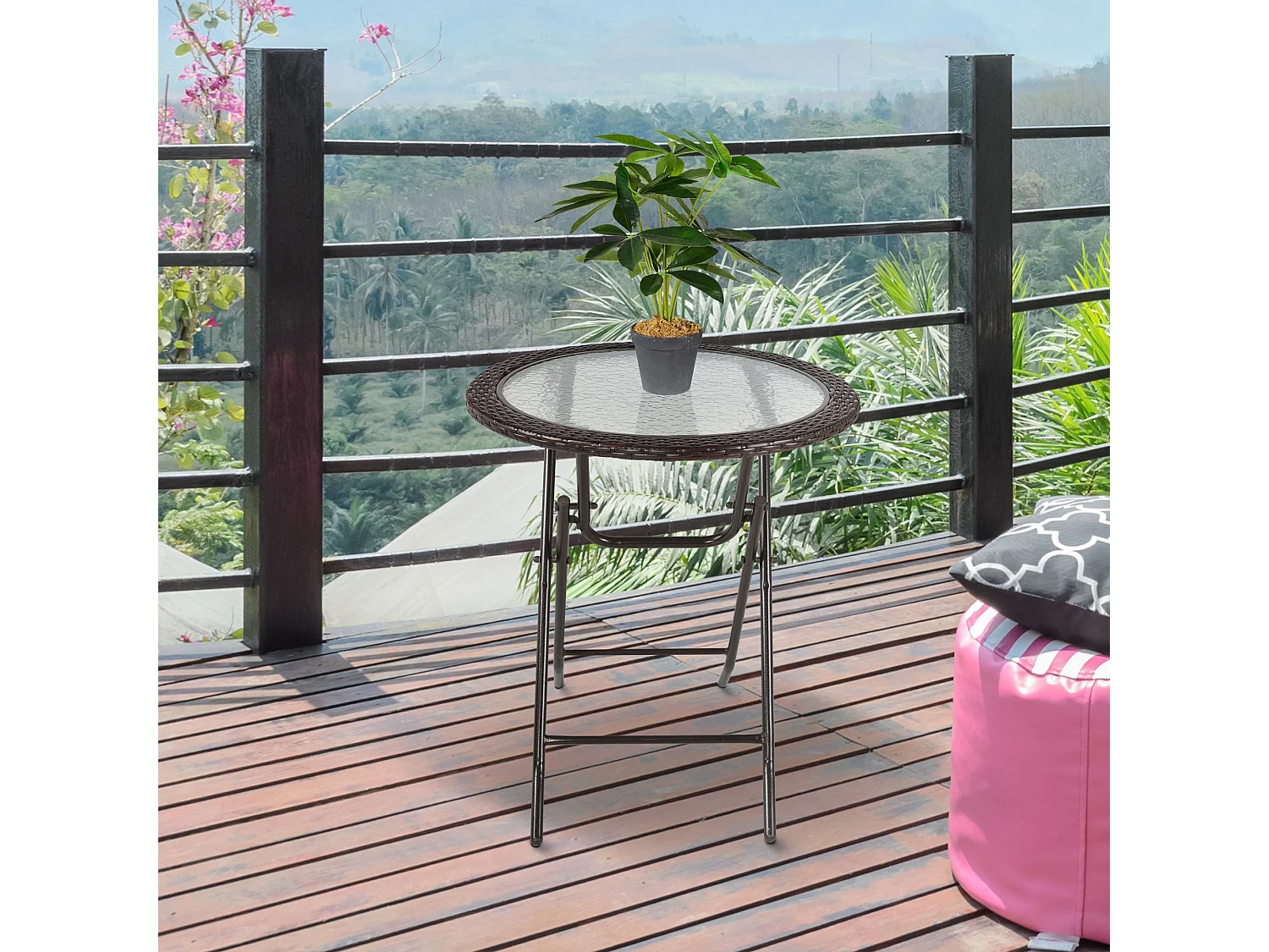 Brown Rattan Style Round Folding Bistro Table with Tempered Glass Top