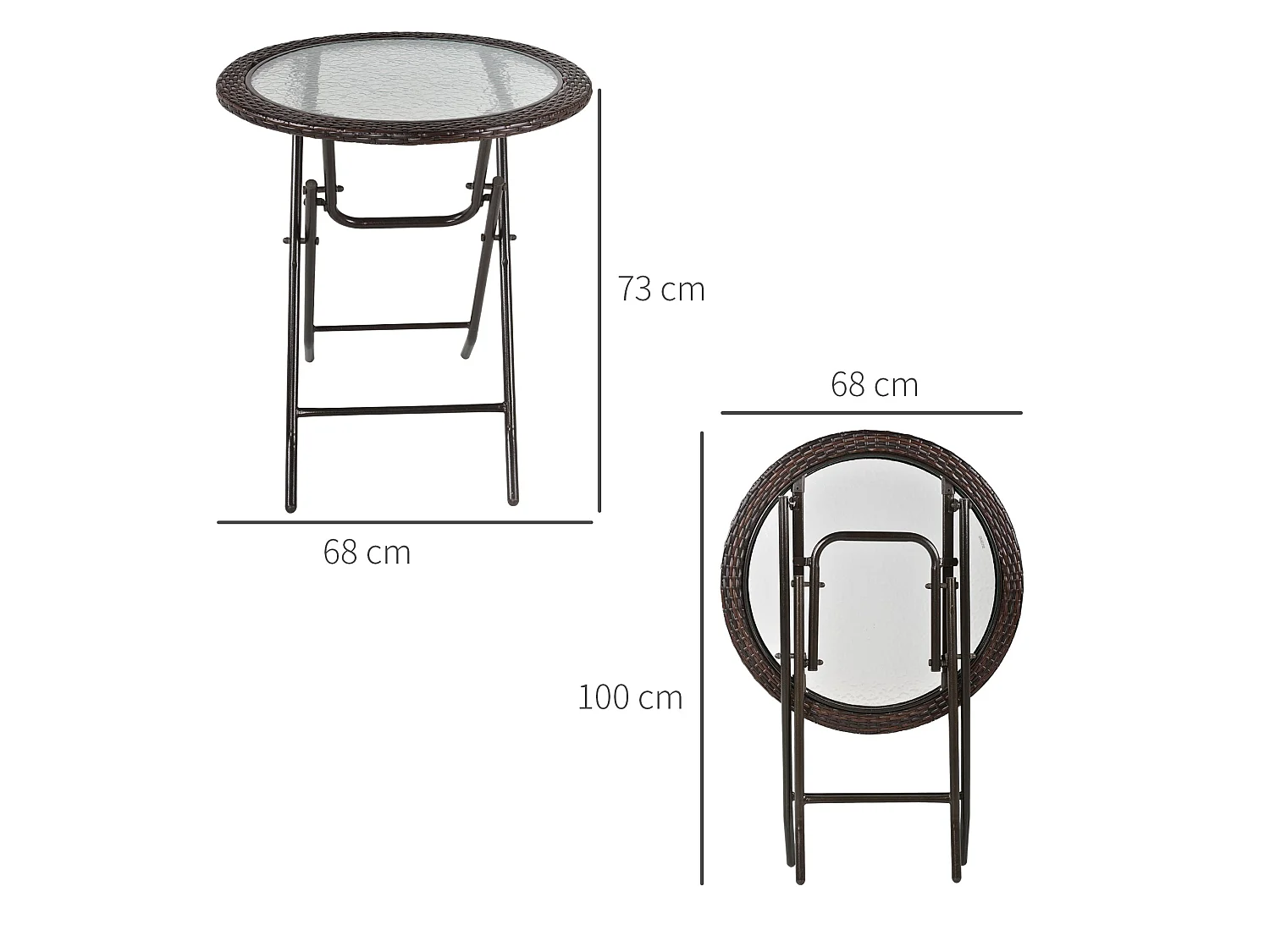 Brown Rattan Style Round Folding Bistro Table with Tempered Glass Top
