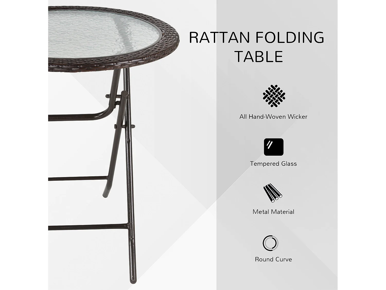 Brown Rattan Style Round Folding Bistro Table with Tempered Glass Top