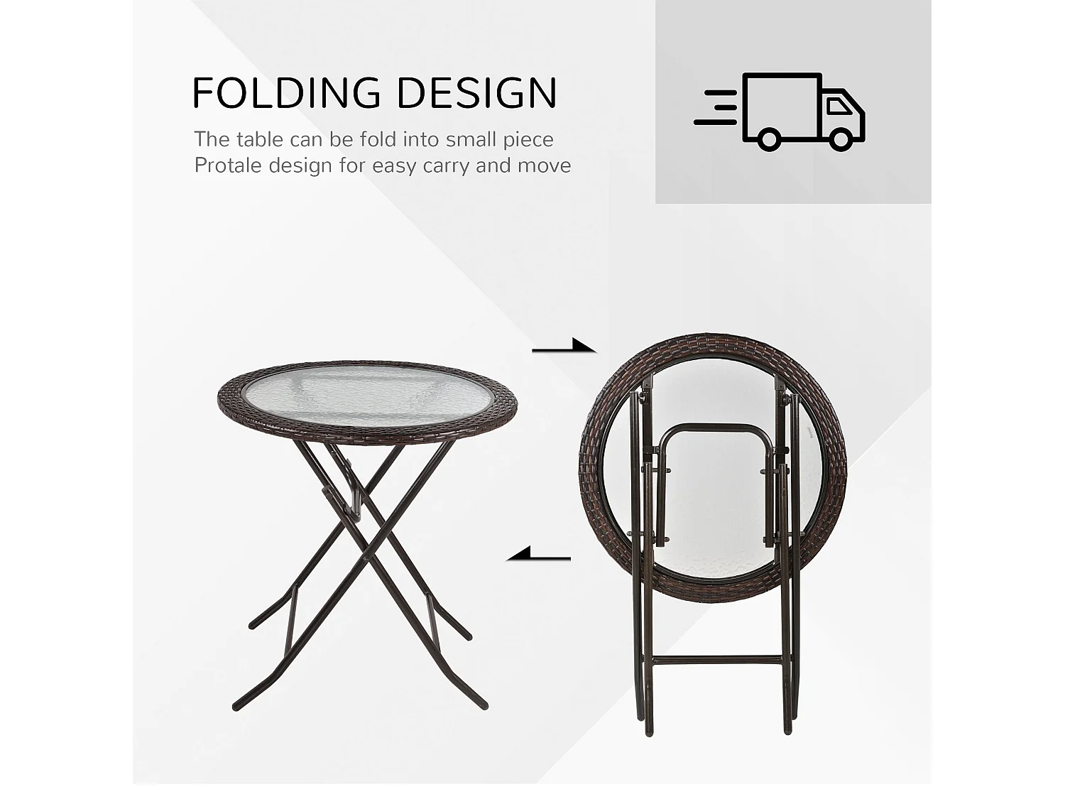 Brown Rattan Style Round Folding Bistro Table with Tempered Glass Top
