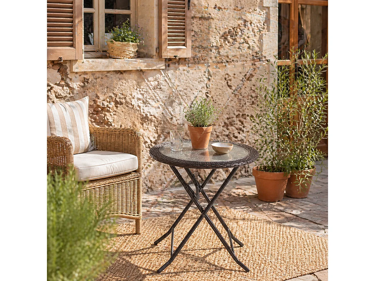 Brown Rattan Style Round Folding Bistro Table with Tempered Glass Top