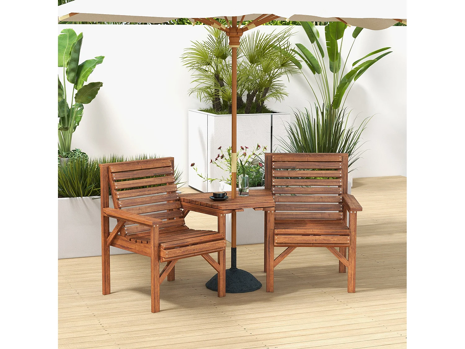 Topa Tan Brown Fir Wood 2 Seater Garden Bistro Love Seat with Removable Center Table and Parasol Hole