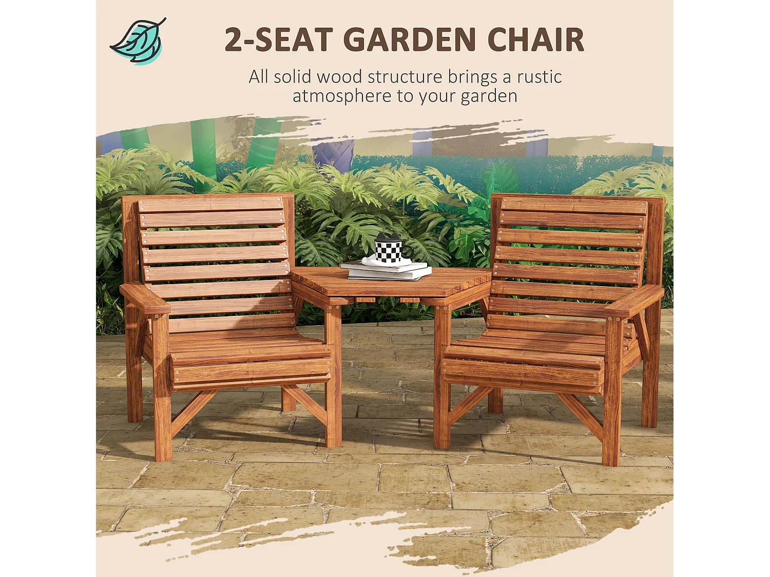 Topa Tan Brown Fir Wood 2 Seater Garden Bistro Love Seat with Removable Center Table and Parasol Hole