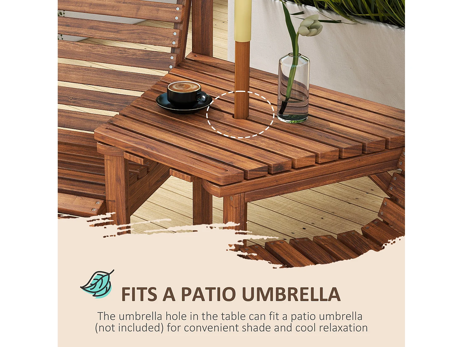 Topa Tan Brown Fir Wood 2 Seater Garden Bistro Love Seat with Removable Center Table and Parasol Hole