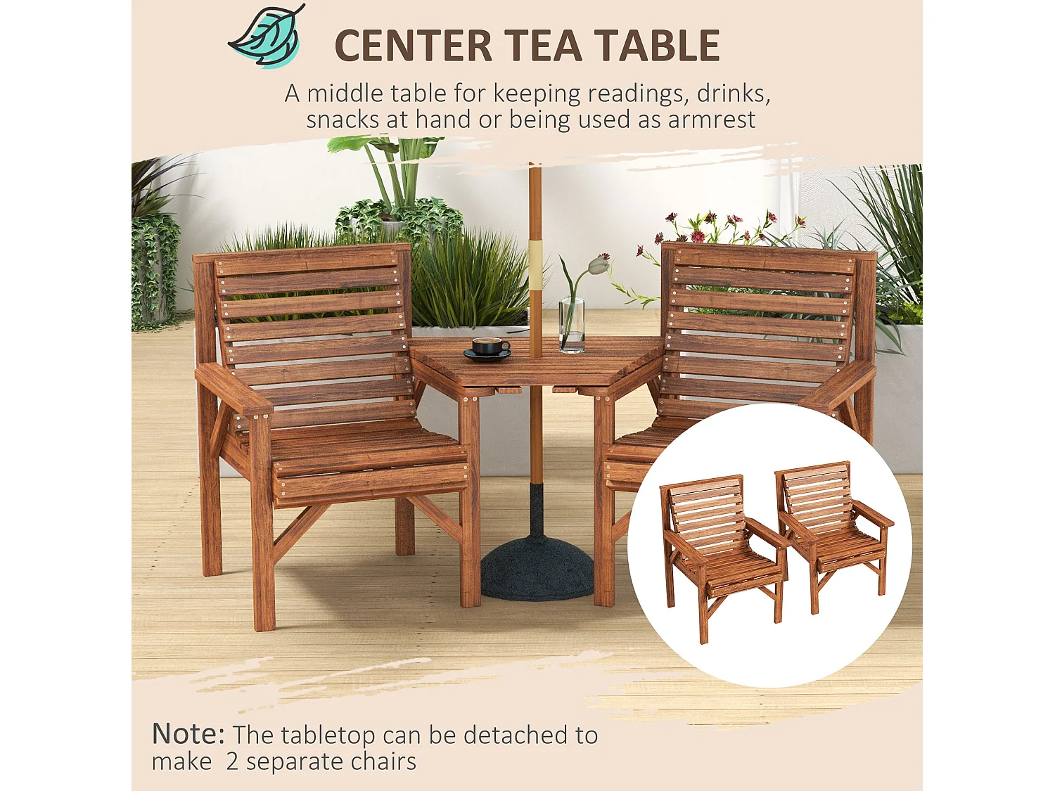 Topa Tan Brown Fir Wood 2 Seater Garden Bistro Love Seat with Removable Center Table and Parasol Hole