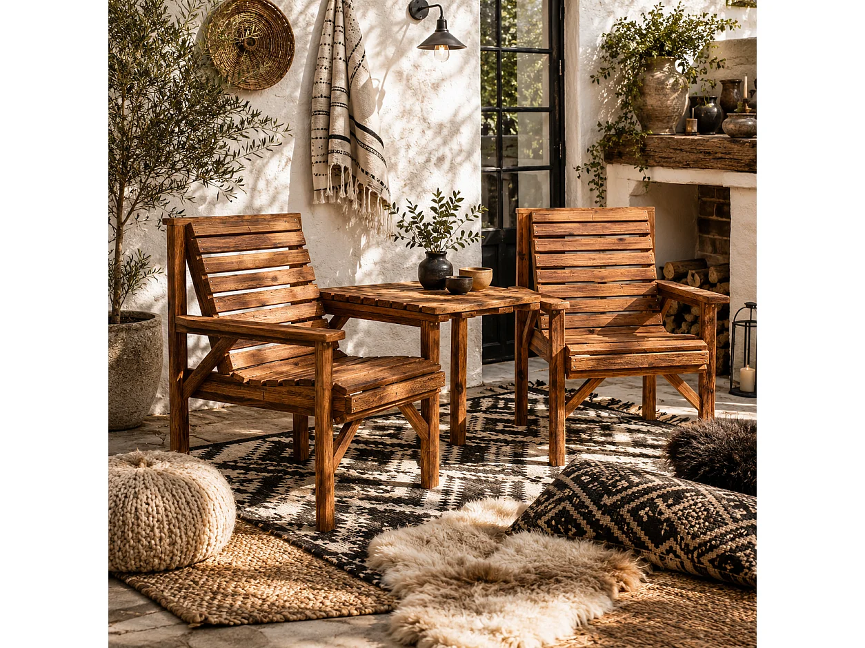 Topa Tan Brown Fir Wood 2 Seater Garden Bistro Love Seat with Removable Center Table and Parasol Hole