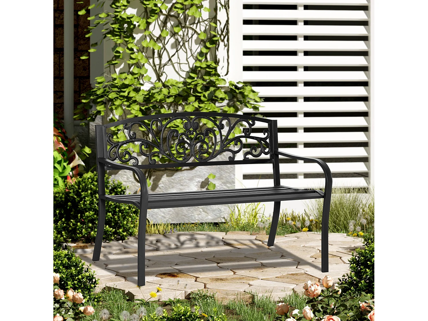 Saradi Taro Black Steel 2 Seater Outdoor Garden Bench