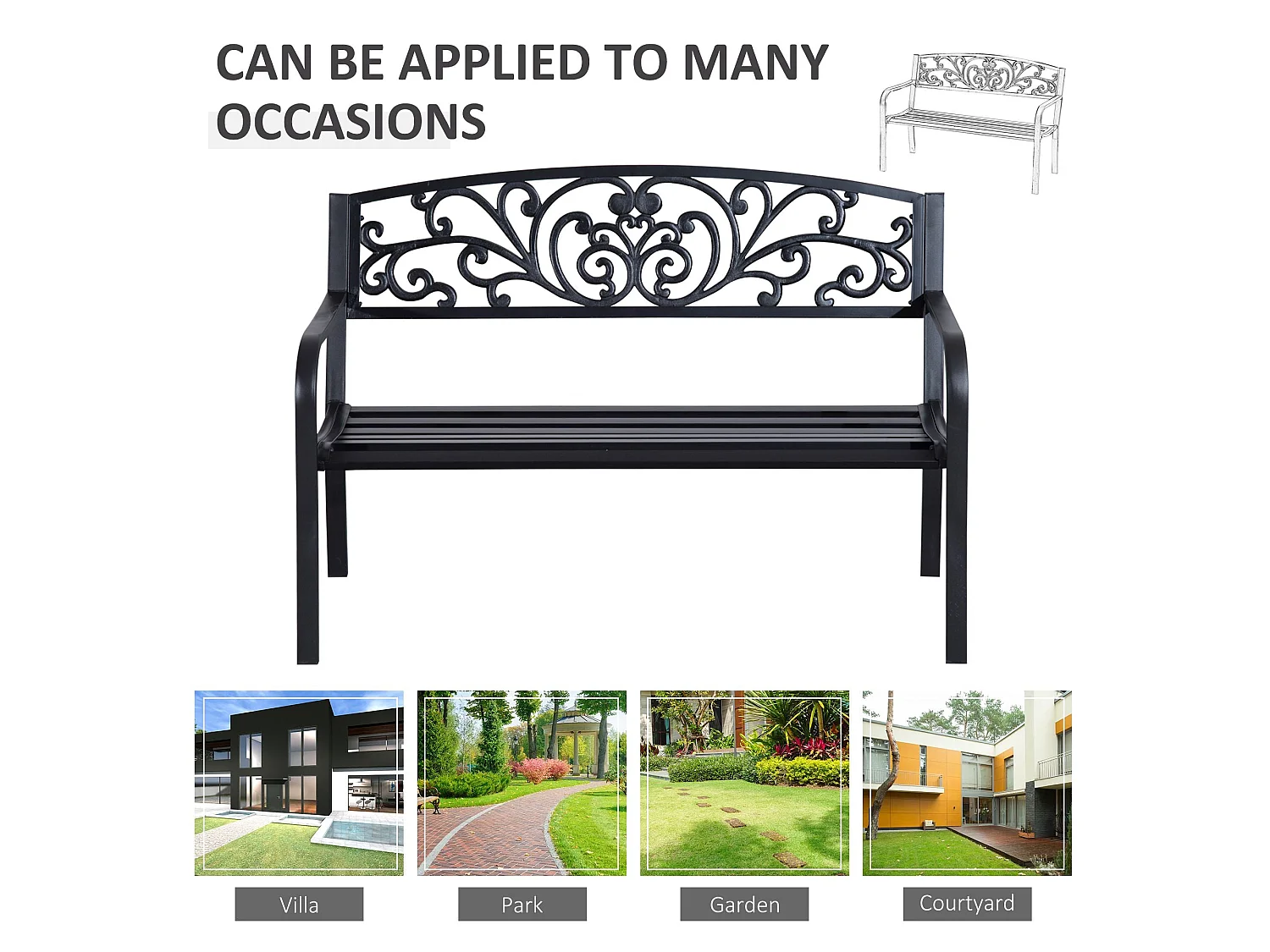 Saradi Taro Black Steel 2 Seater Outdoor Garden Bench