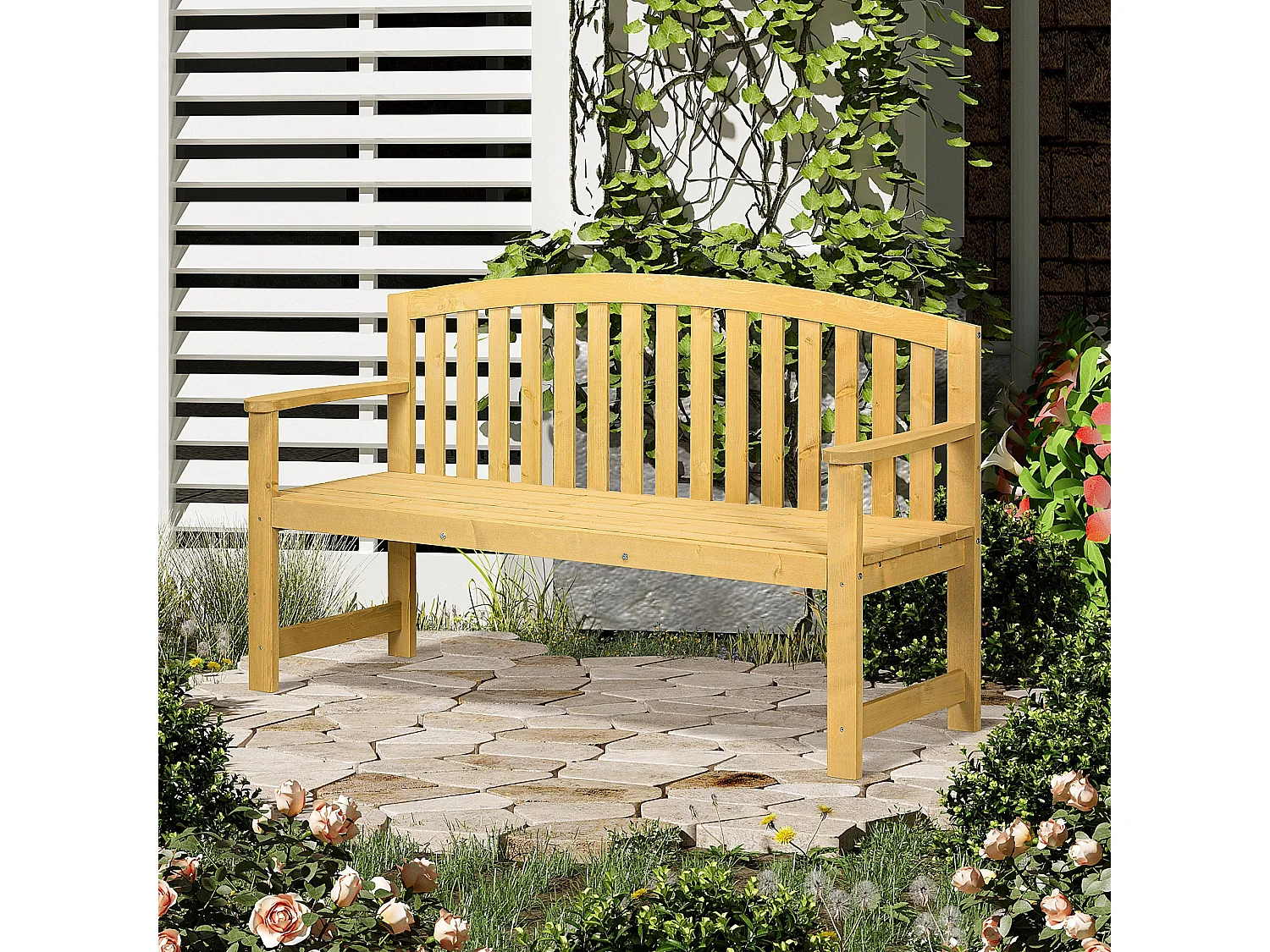 Tola 143cm Fir Wood 2 Seater Garden Bench with Armrests Slatted Orange Finish
