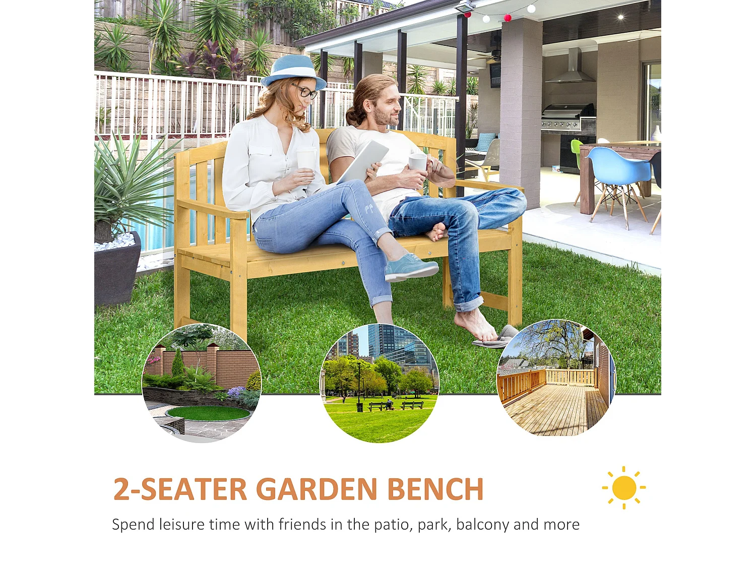Tola 143cm Fir Wood 2 Seater Garden Bench with Armrests Slatted Orange Finish