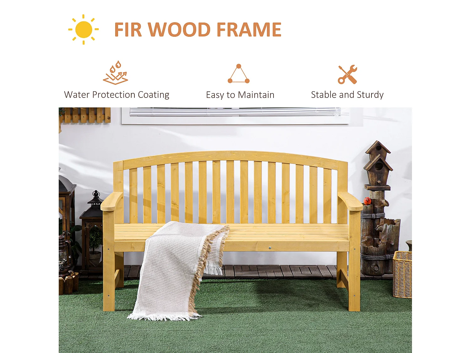 Tola 143cm Fir Wood 2 Seater Garden Bench with Armrests Slatted Orange Finish