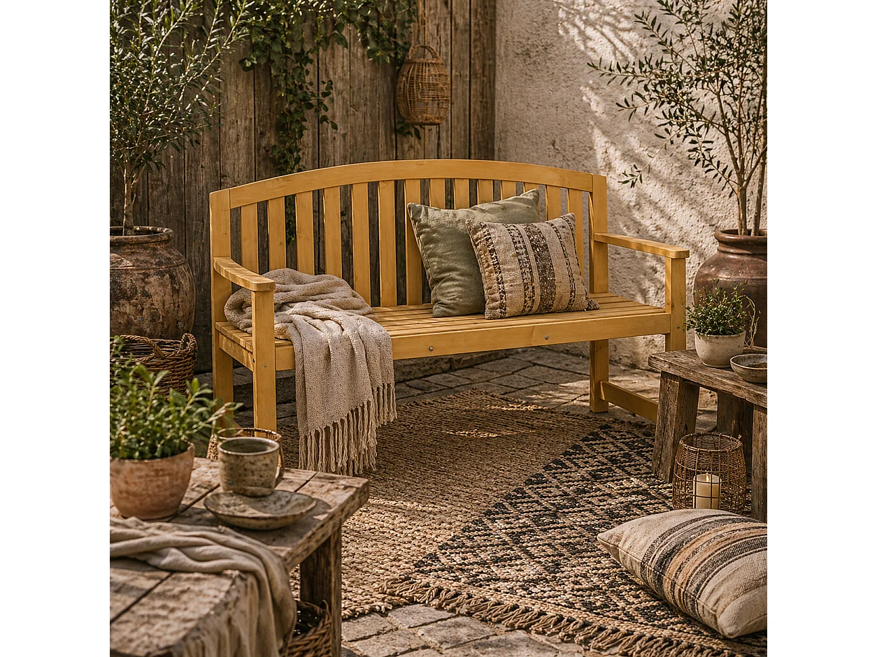 Tola 143cm Fir Wood 2 Seater Garden Bench with Armrests Slatted Orange Finish