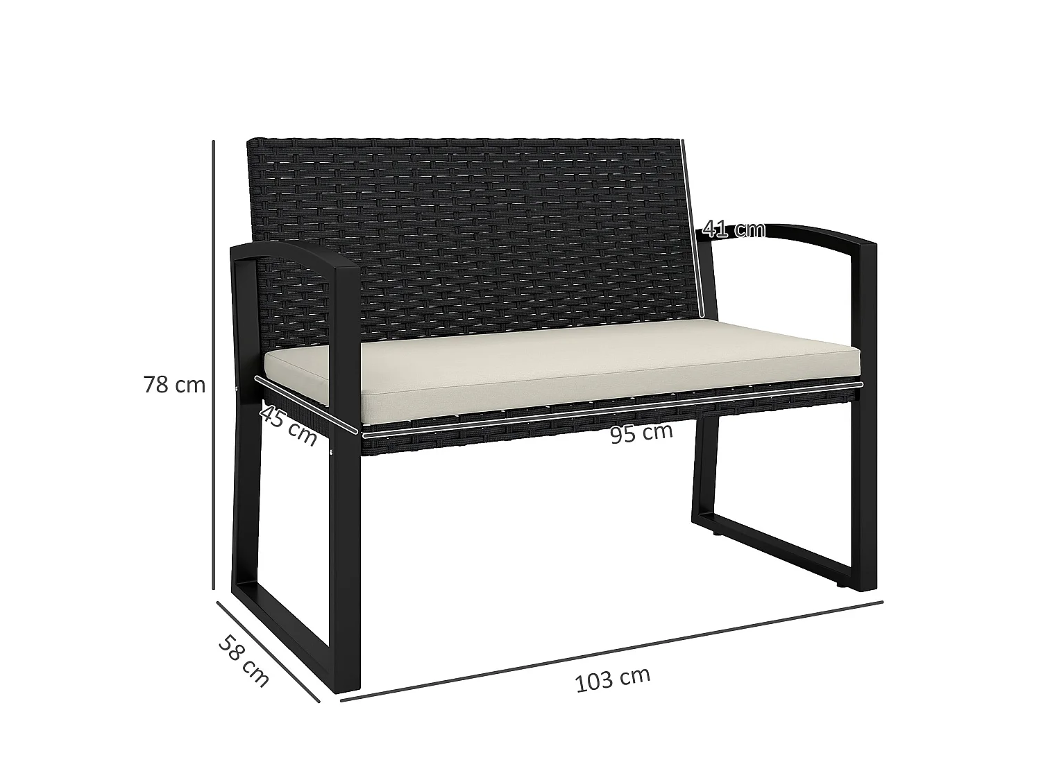 Lalepa Black and Beige 2 Seater Rattan Garden Bench