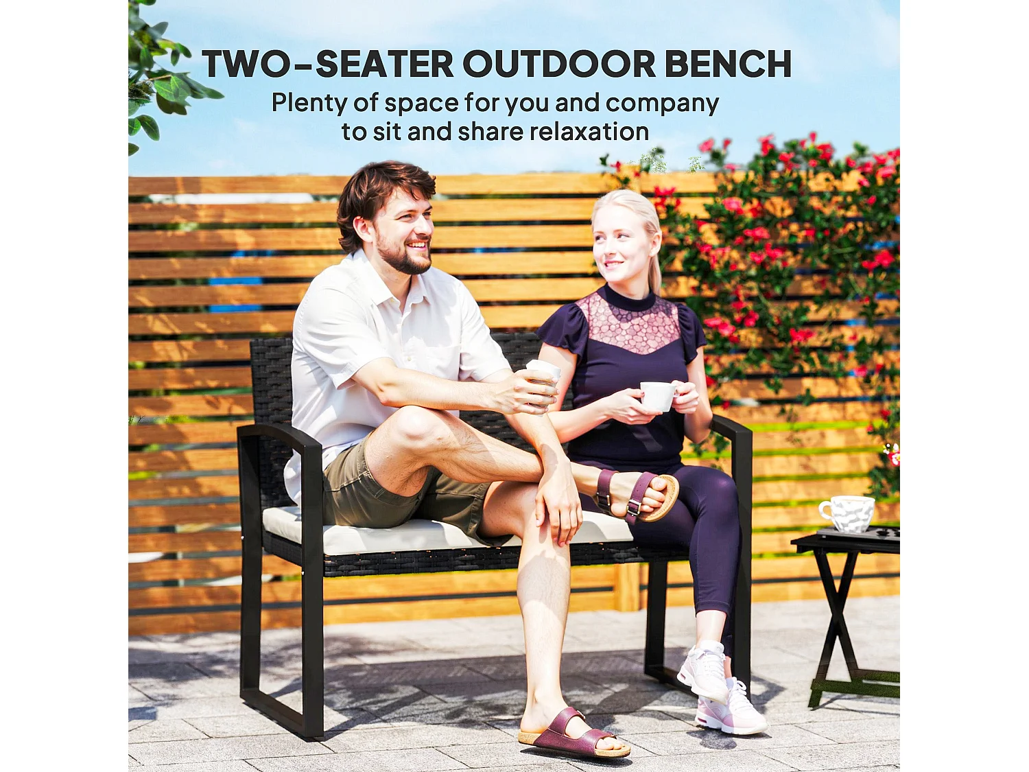Lalepa Black and Beige 2 Seater Rattan Garden Bench