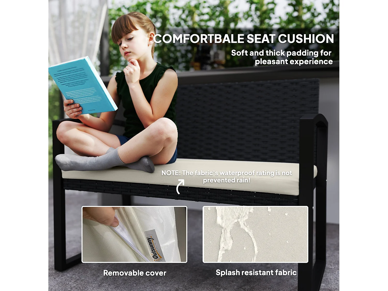 Lalepa Black and Beige 2 Seater Rattan Garden Bench