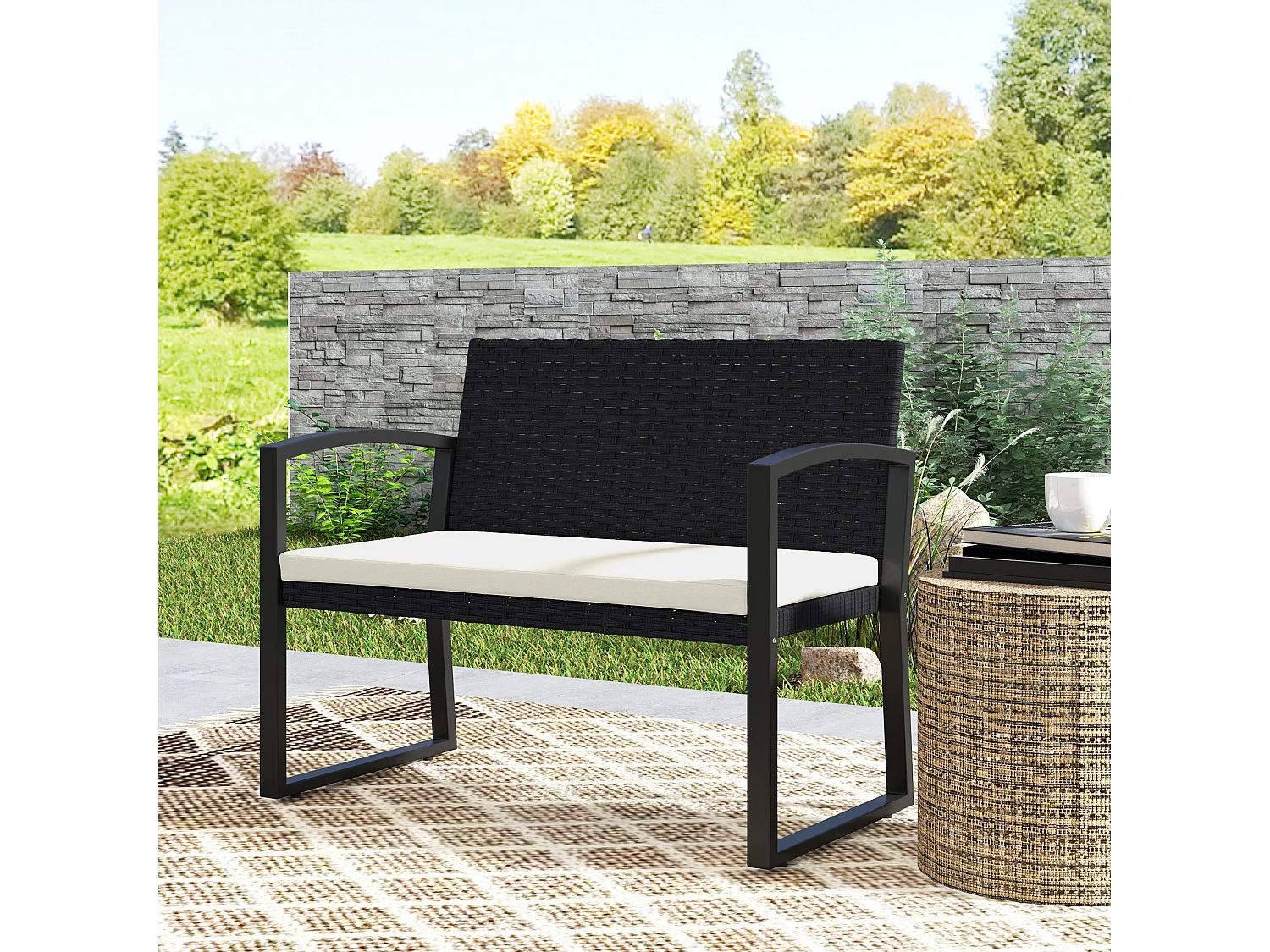 Lalepa Black and Beige 2 Seater Rattan Garden Bench