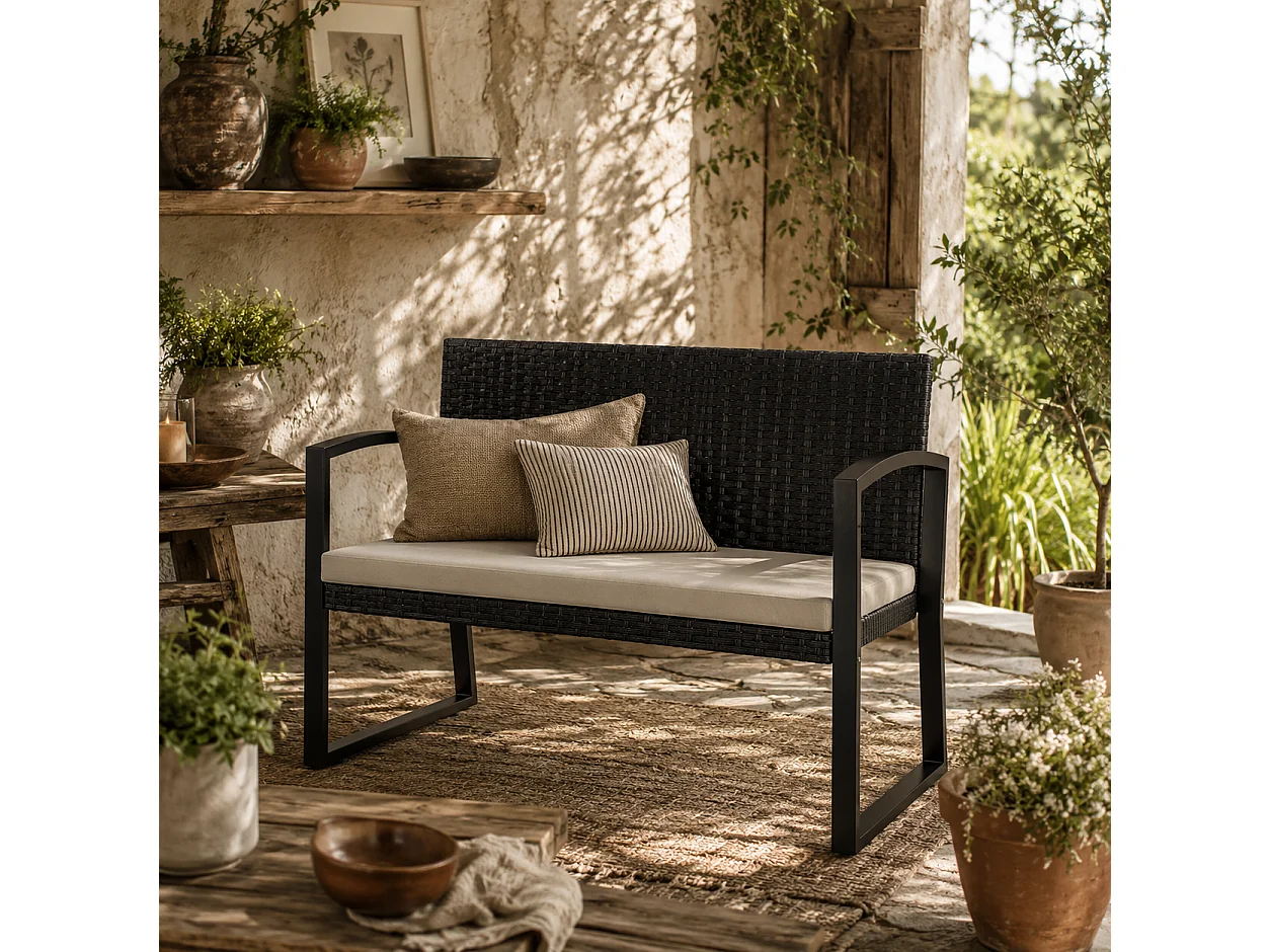 Lalepa Black and Beige 2 Seater Rattan Garden Bench