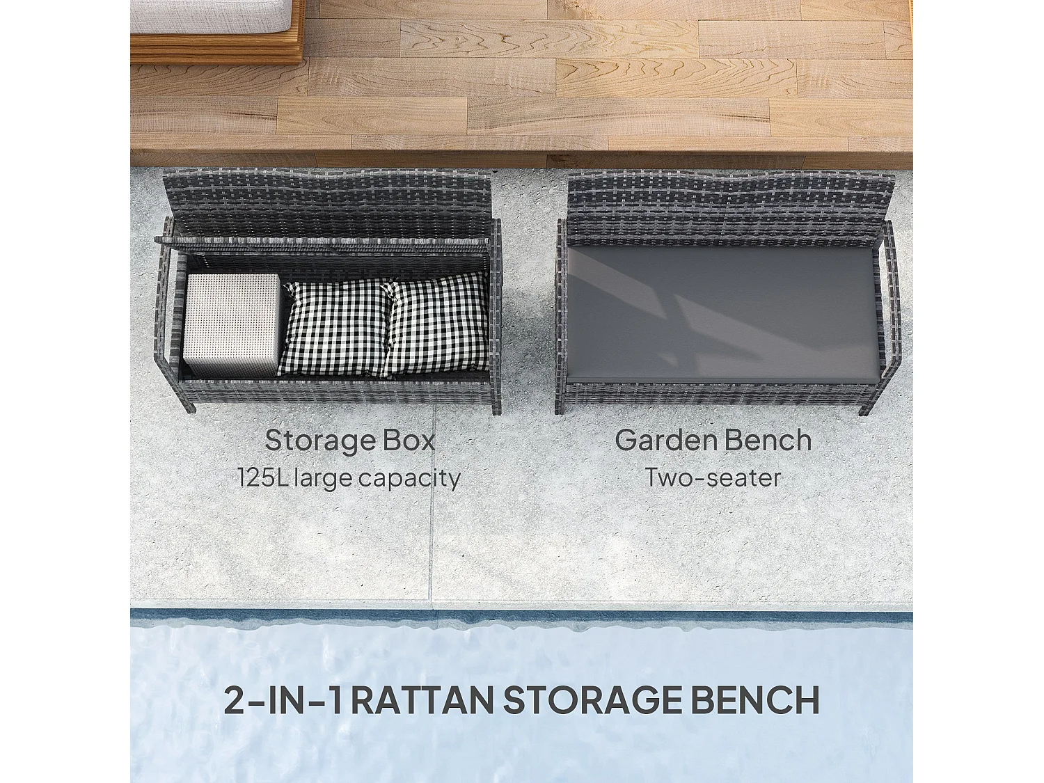 Rarette Grey Rattan Garden Storage Bench with Cushion 125L