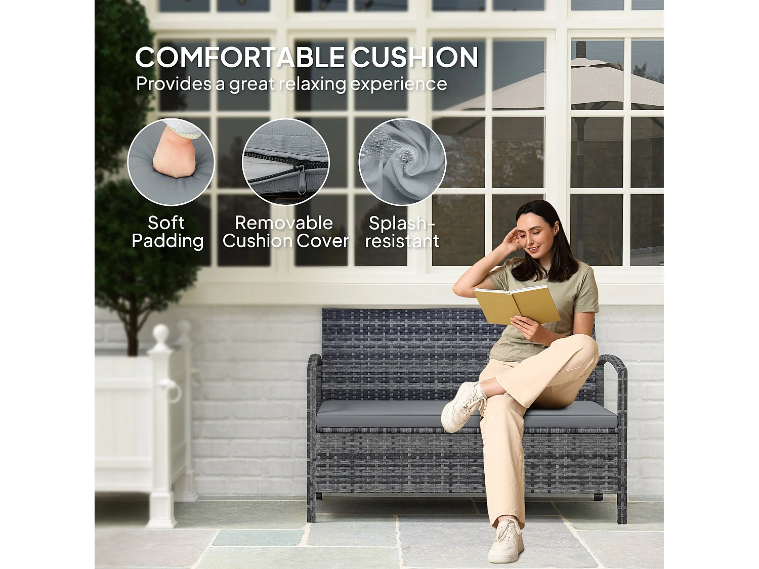Rarette Grey Rattan Garden Storage Bench with Cushion 125L