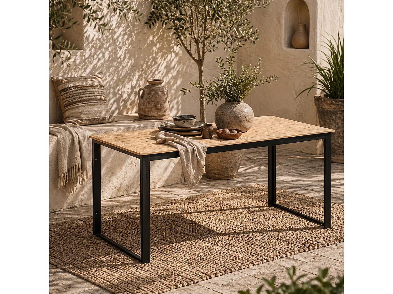 Haludo 160cm Teak Effect Rectangular Outdoor Dining Table 6 Seater Slatted Top