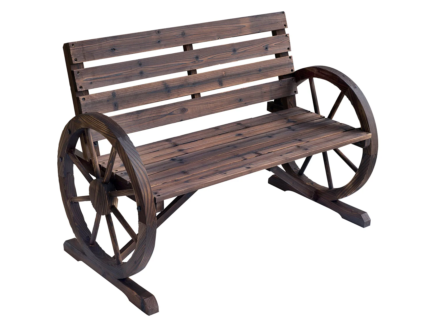 Linifi Rustic Fir Wood 2 Seater Garden Bench with Wagon Wheel Arms and High Back
