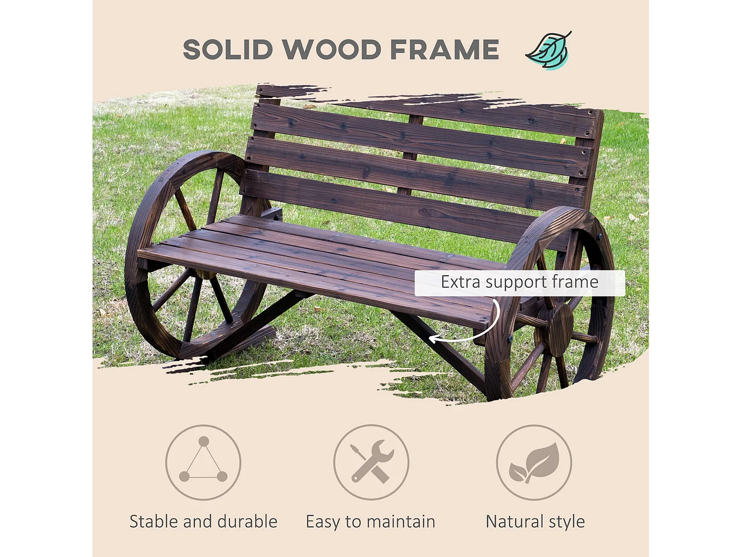 Linifi Rustic Fir Wood 2 Seater Garden Bench with Wagon Wheel Arms and High Back