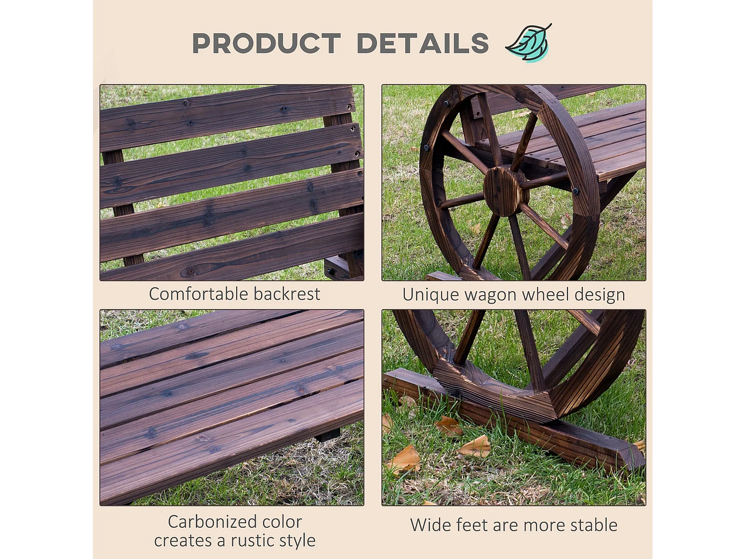 Linifi Rustic Fir Wood 2 Seater Garden Bench with Wagon Wheel Arms and High Back