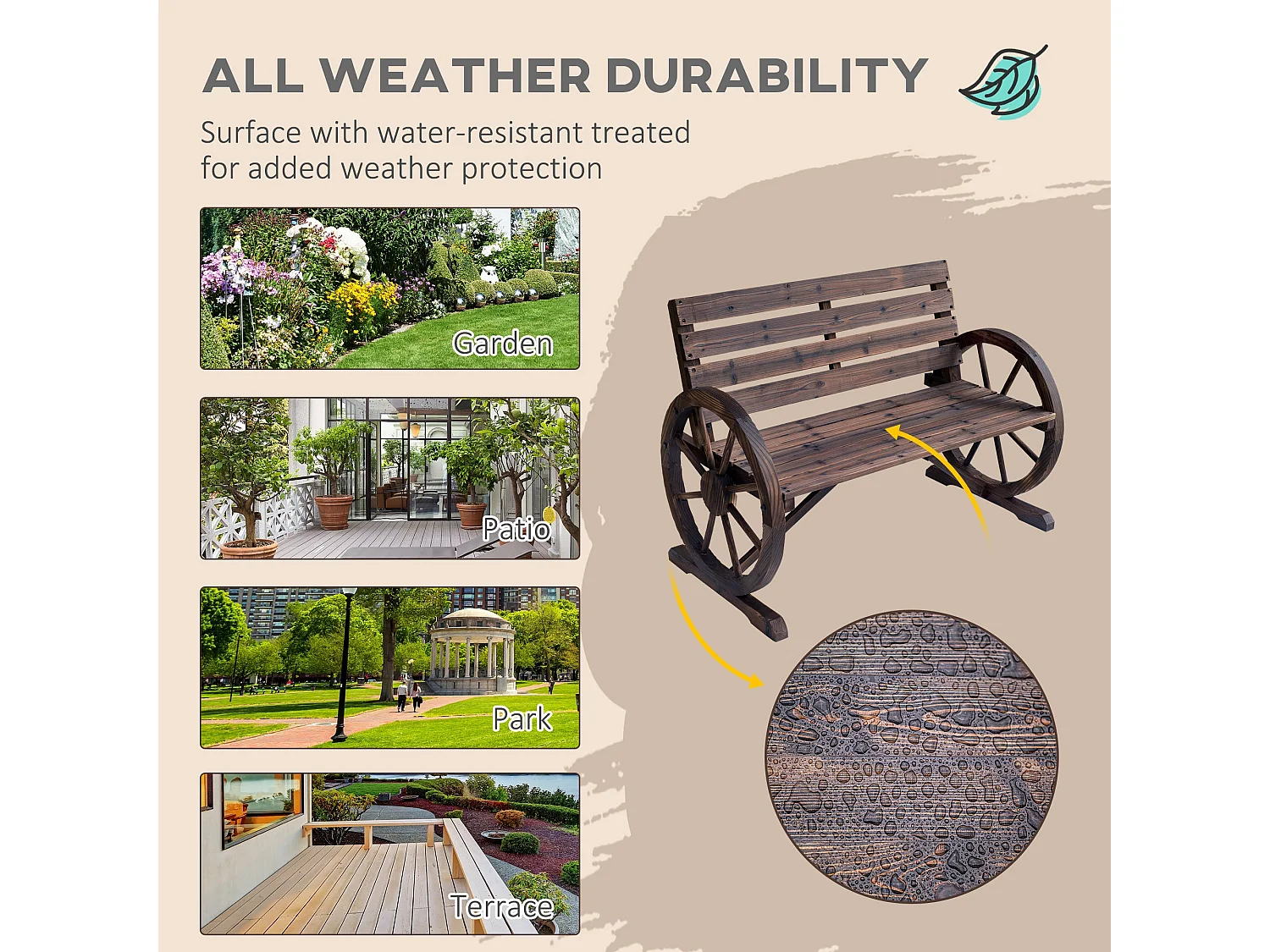 Linifi Rustic Fir Wood 2 Seater Garden Bench with Wagon Wheel Arms and High Back