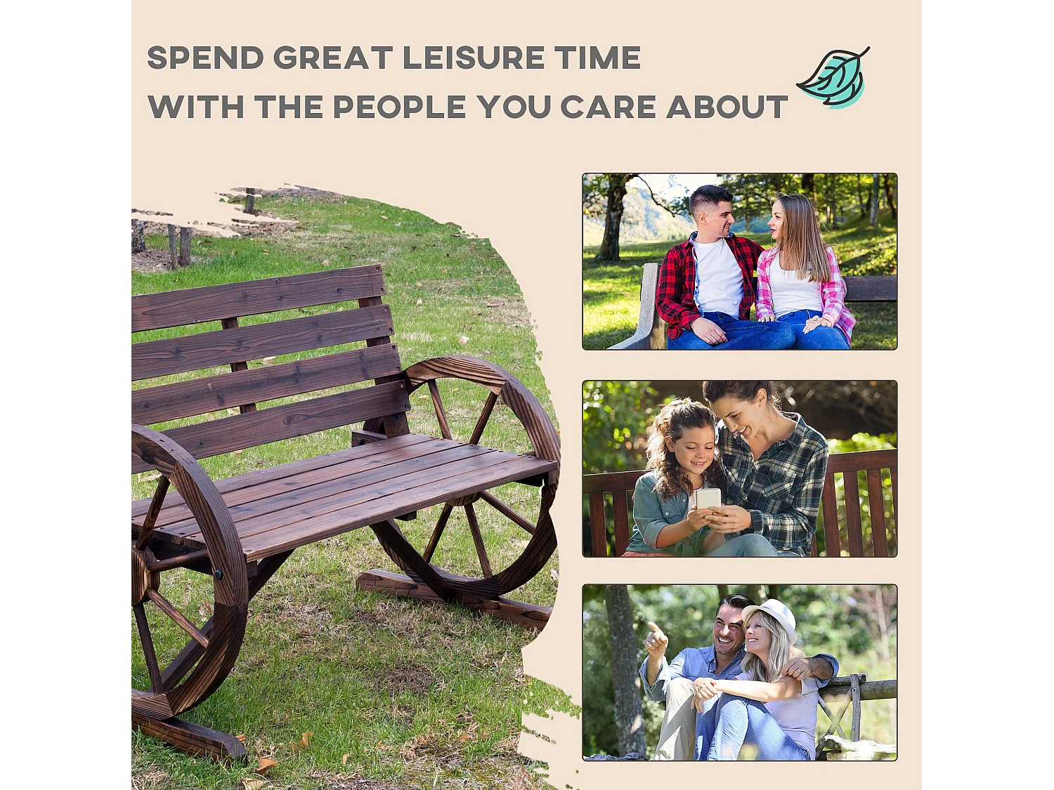 Linifi Rustic Fir Wood 2 Seater Garden Bench with Wagon Wheel Arms and High Back
