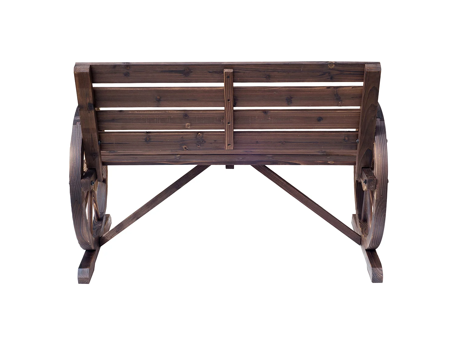 Linifi Rustic Fir Wood 2 Seater Garden Bench with Wagon Wheel Arms and High Back