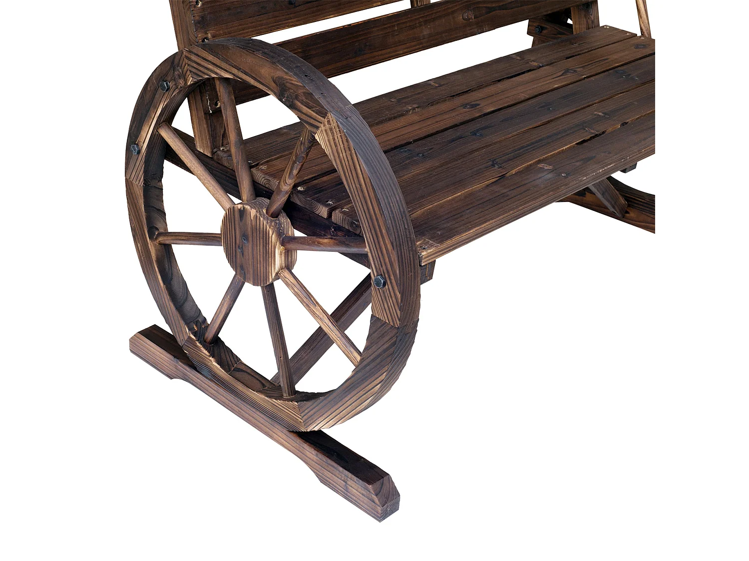 Linifi Rustic Fir Wood 2 Seater Garden Bench with Wagon Wheel Arms and High Back