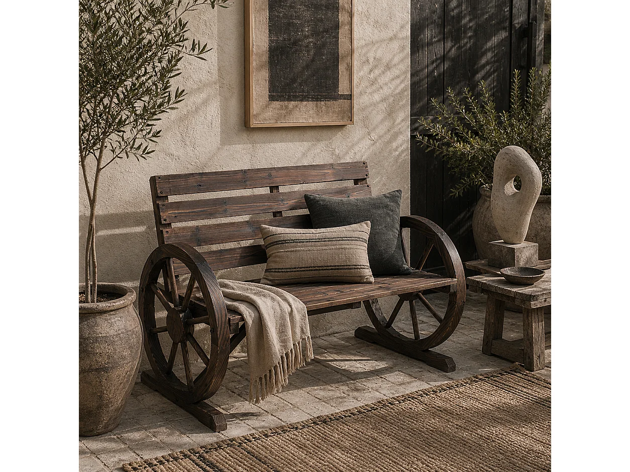 Linifi Rustic Fir Wood 2 Seater Garden Bench with Wagon Wheel Arms and High Back