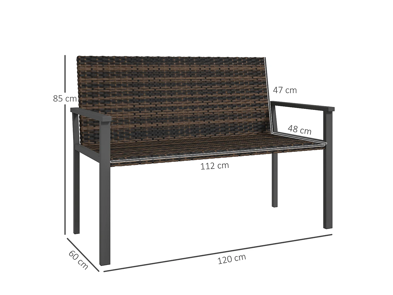 Batare 2 Seater Rattan Garden Bench with Armrests Mixed Brown