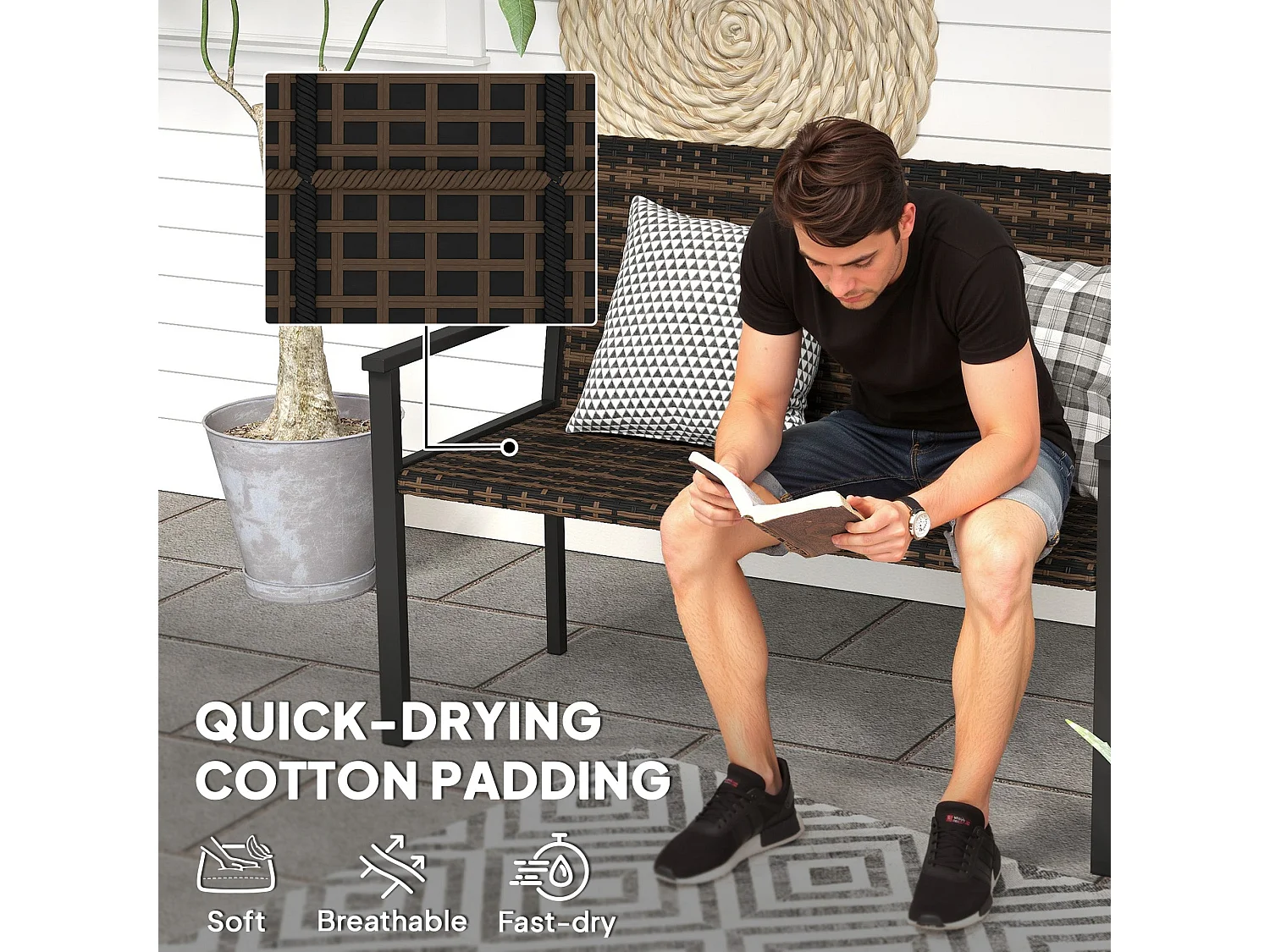 Batare 2 Seater Rattan Garden Bench with Armrests Mixed Brown