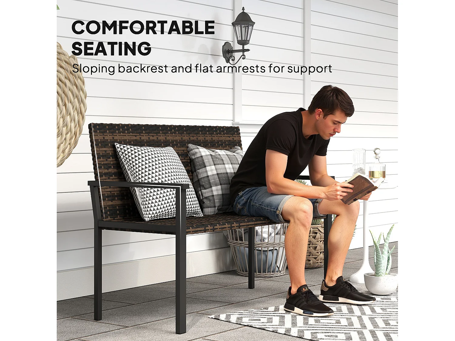 Batare 2 Seater Rattan Garden Bench with Armrests Mixed Brown
