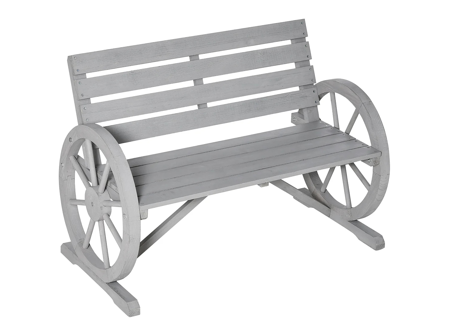 Linifi Grey Fir Wood 2 Seater Garden Bench with Wagon Wheel Arms and High Back