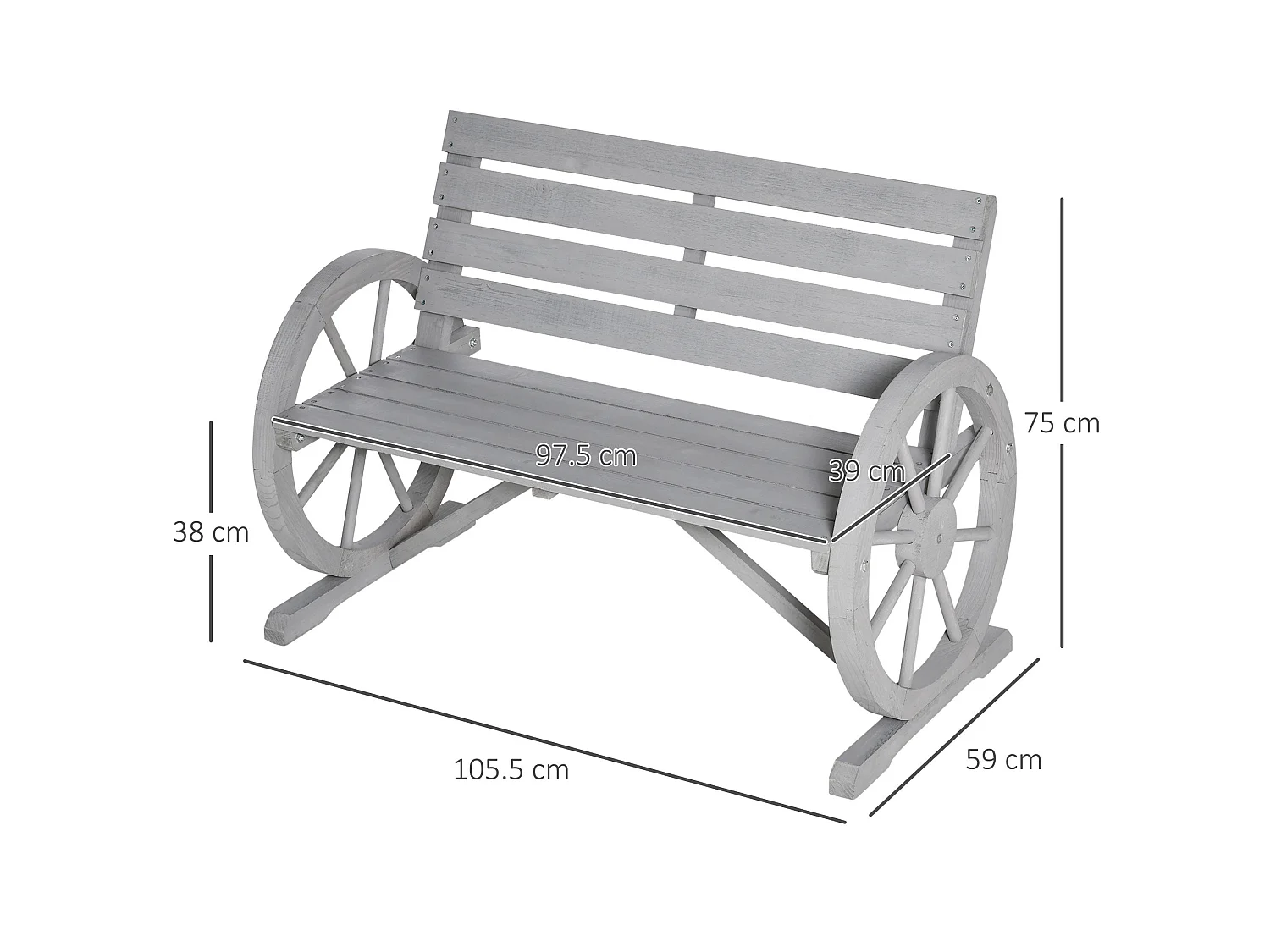 Linifi Grey Fir Wood 2 Seater Garden Bench with Wagon Wheel Arms and High Back