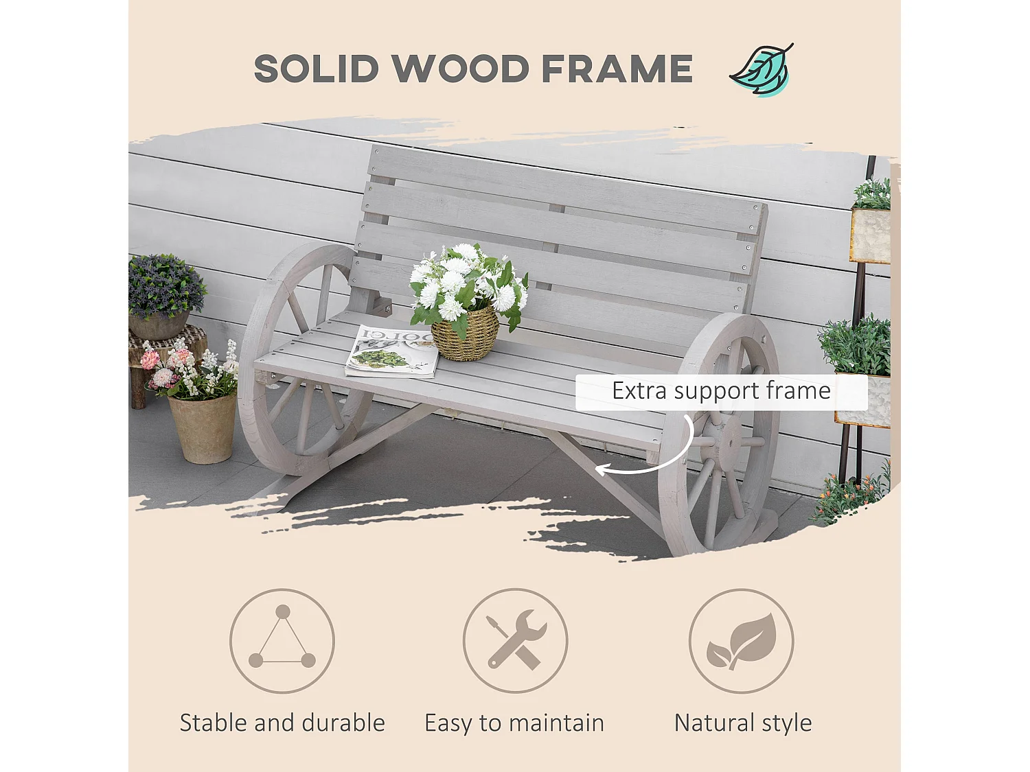 Linifi Grey Fir Wood 2 Seater Garden Bench with Wagon Wheel Arms and High Back