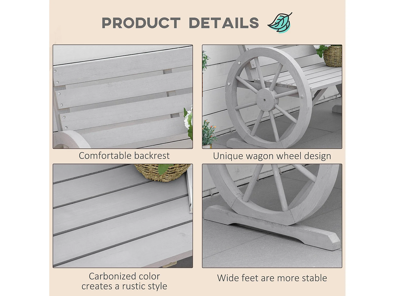 Linifi Grey Fir Wood 2 Seater Garden Bench with Wagon Wheel Arms and High Back