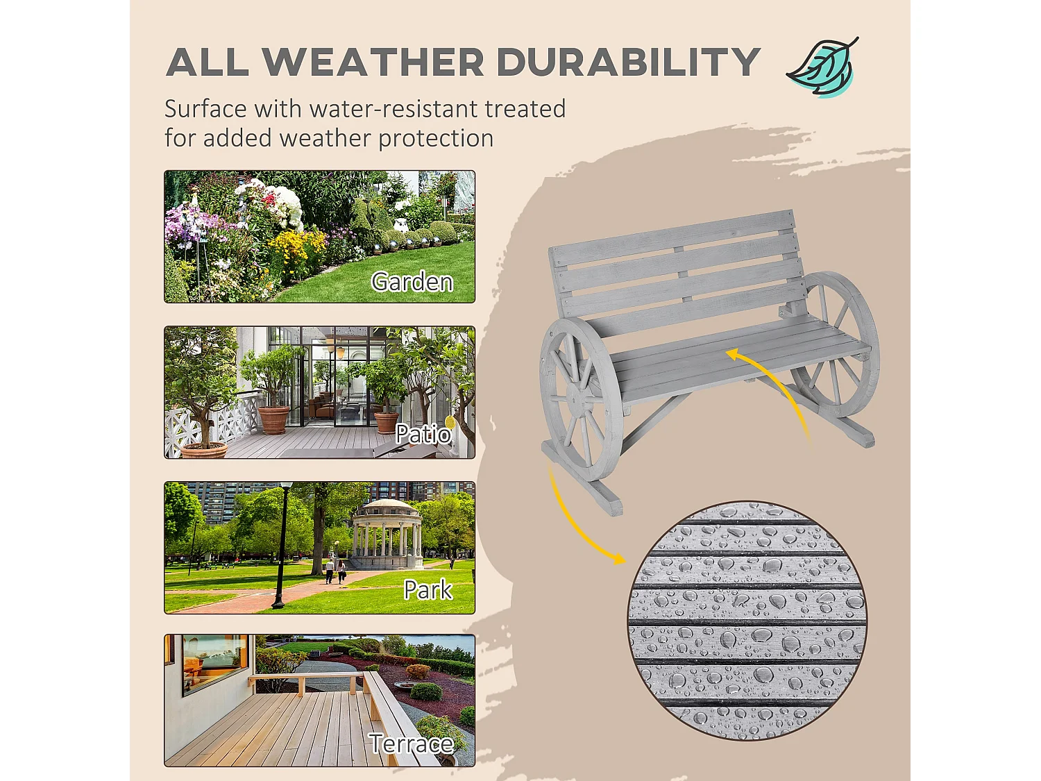 Linifi Grey Fir Wood 2 Seater Garden Bench with Wagon Wheel Arms and High Back