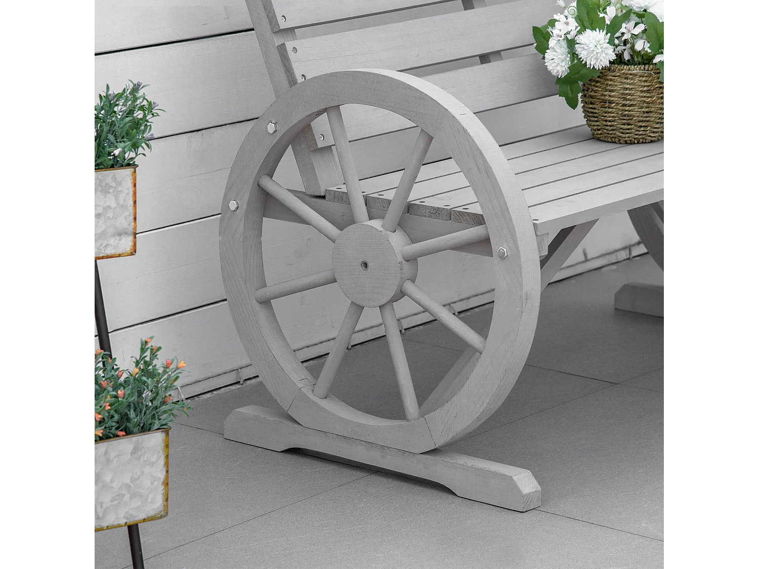 Linifi Grey Fir Wood 2 Seater Garden Bench with Wagon Wheel Arms and High Back