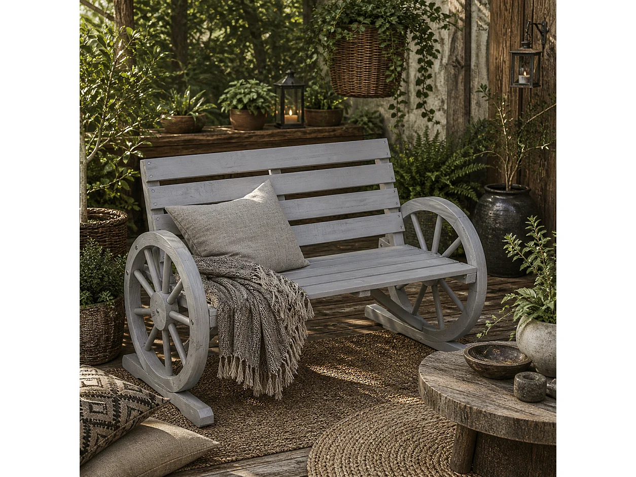 Linifi Grey Fir Wood 2 Seater Garden Bench with Wagon Wheel Arms and High Back