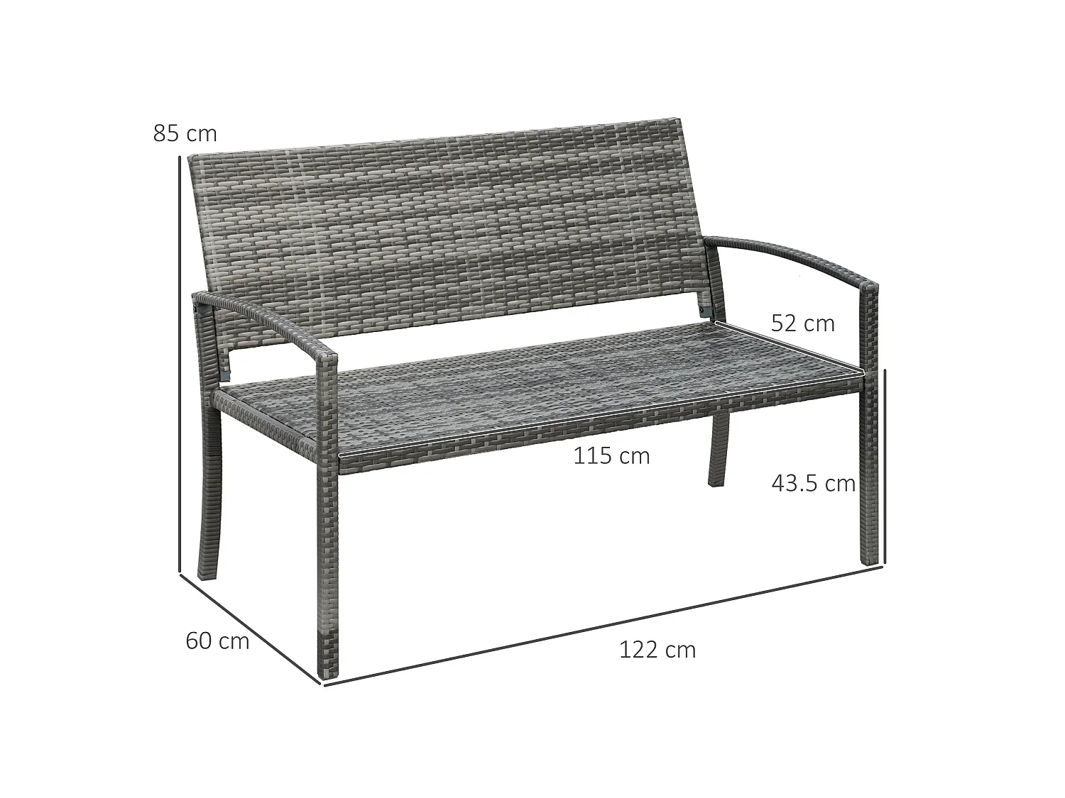 Mata Grey PE Rattan 2 Seater Garden Bench with Armrests