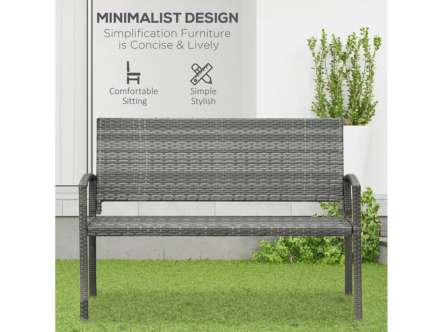 Mata Grey PE Rattan 2 Seater Garden Bench with Armrests