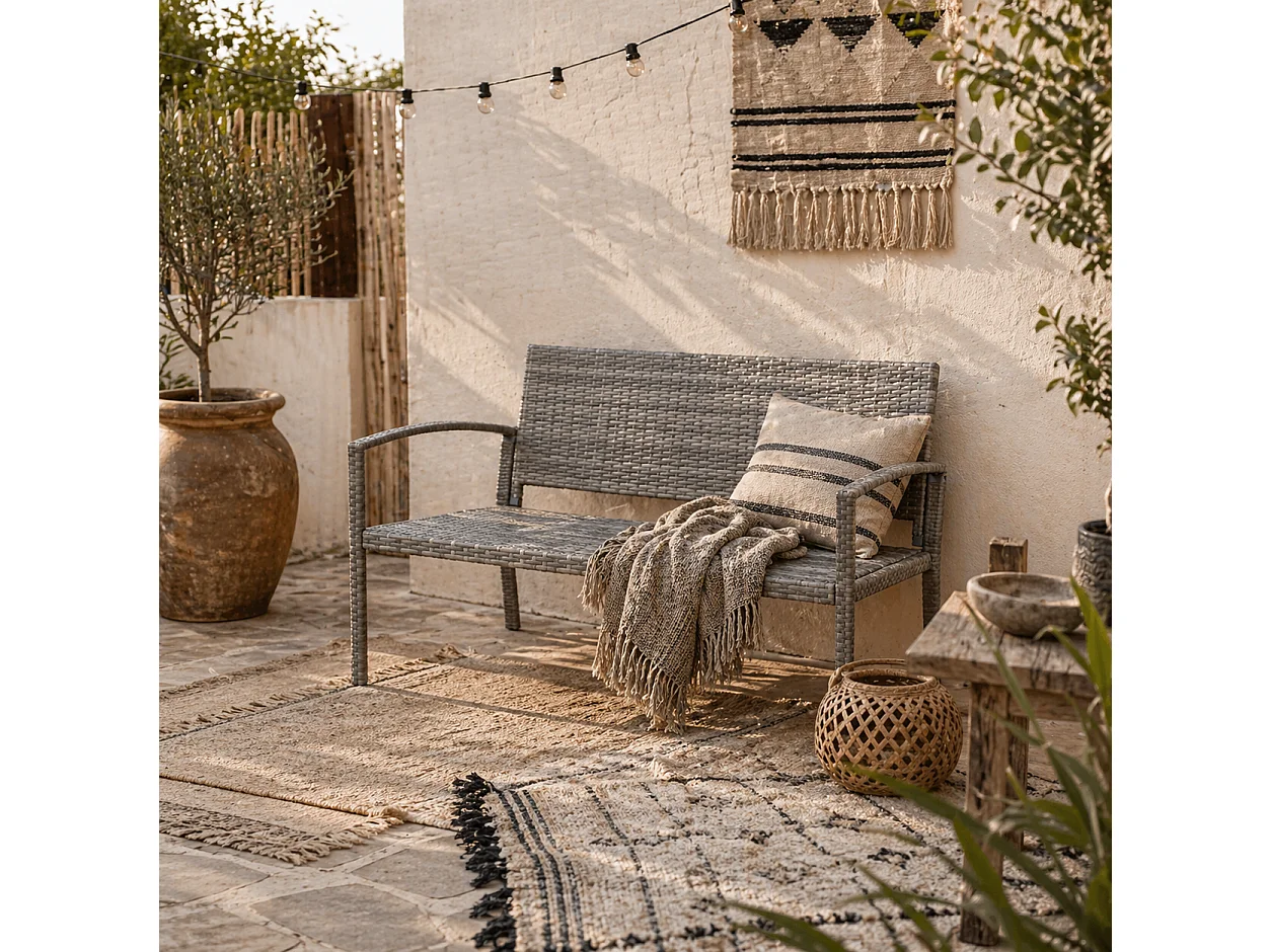 Mata Grey PE Rattan 2 Seater Garden Bench with Armrests