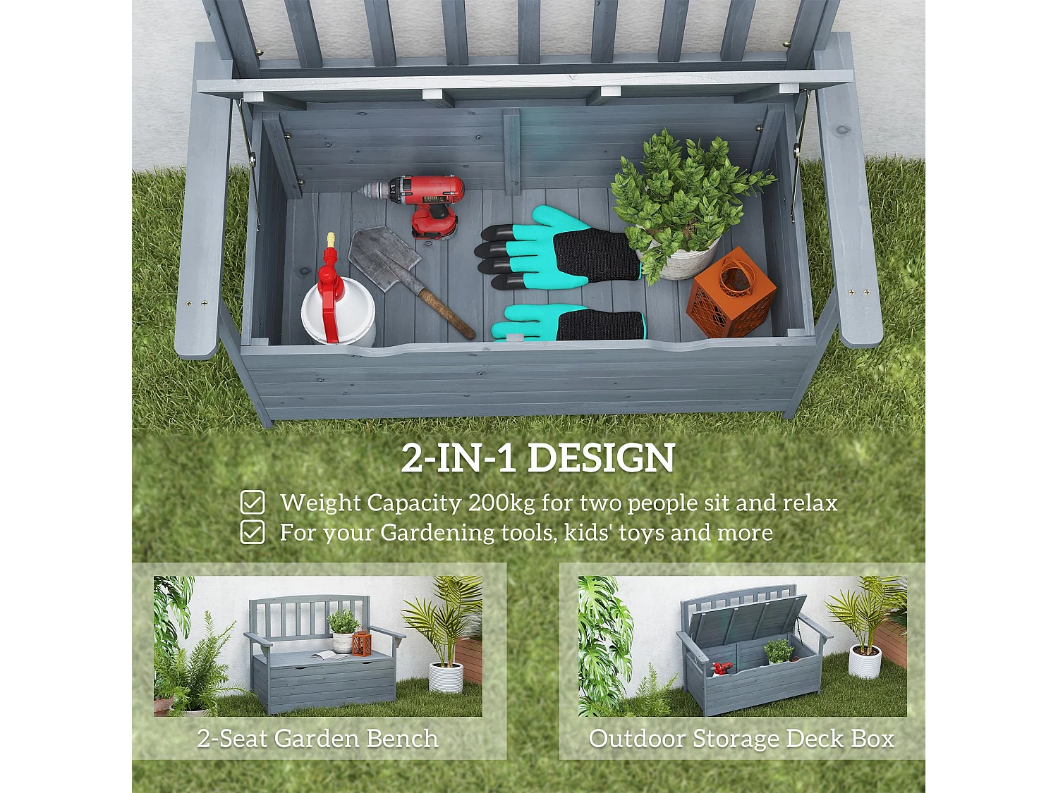 Cozicce Metal Grey 2 Seater Outdoor Storage Bench with Lift Up Seat