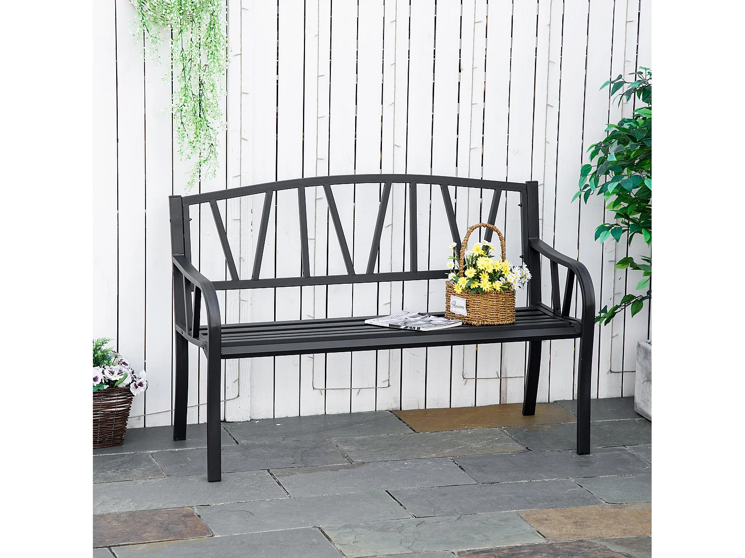 Lenasu Black Metal 2 Seater Garden Bench with Decorative Backrest and Armrests