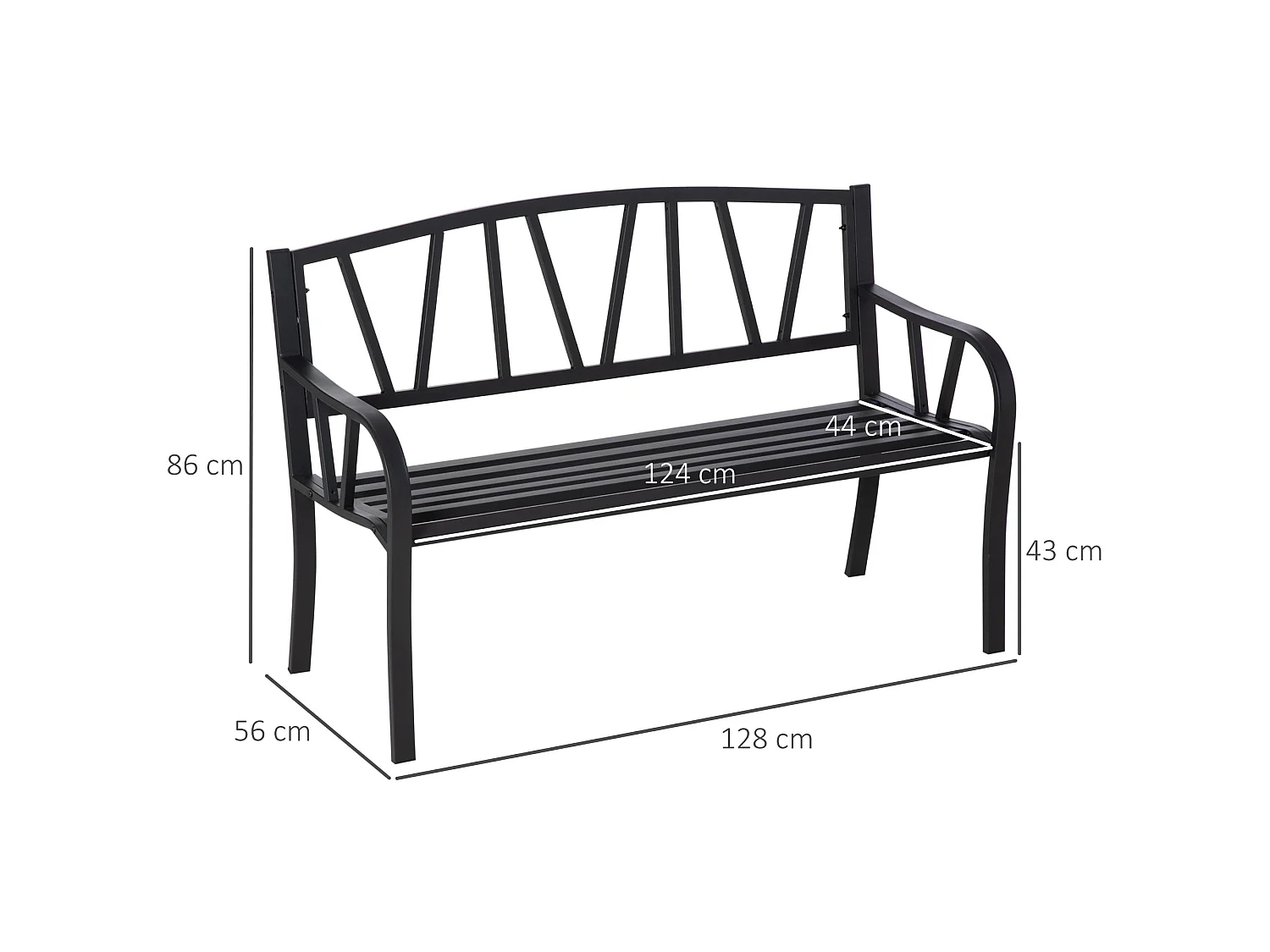 Lenasu Black Metal 2 Seater Garden Bench with Decorative Backrest and Armrests