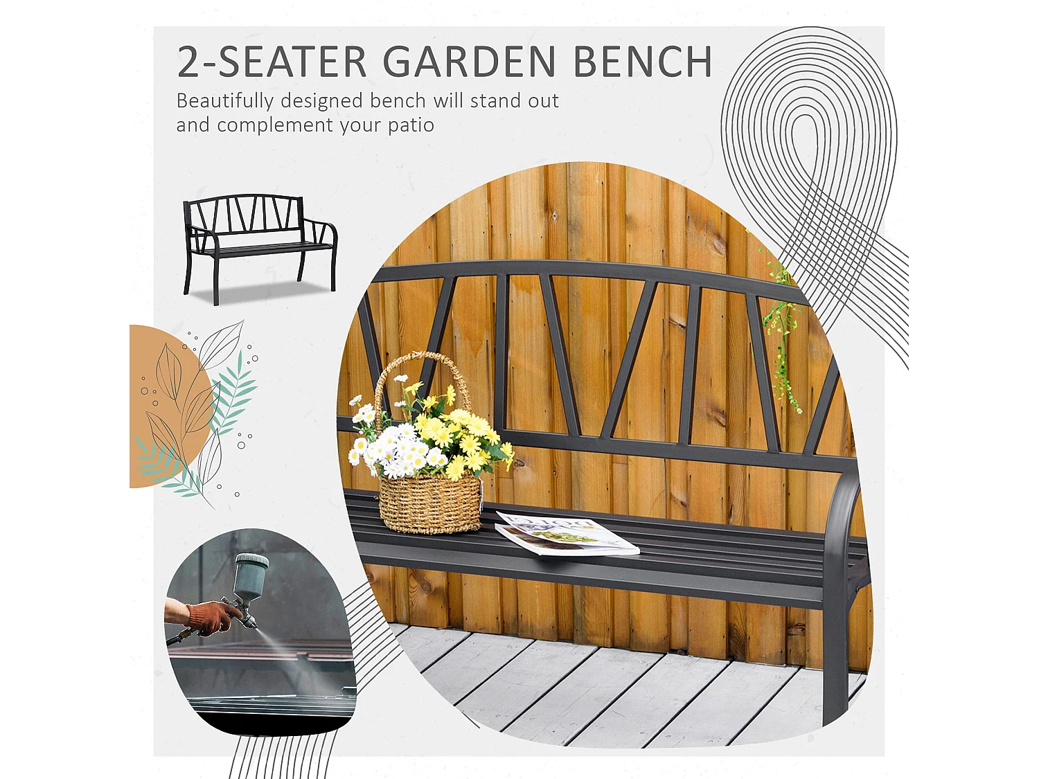 Lenasu Black Metal 2 Seater Garden Bench with Decorative Backrest and Armrests