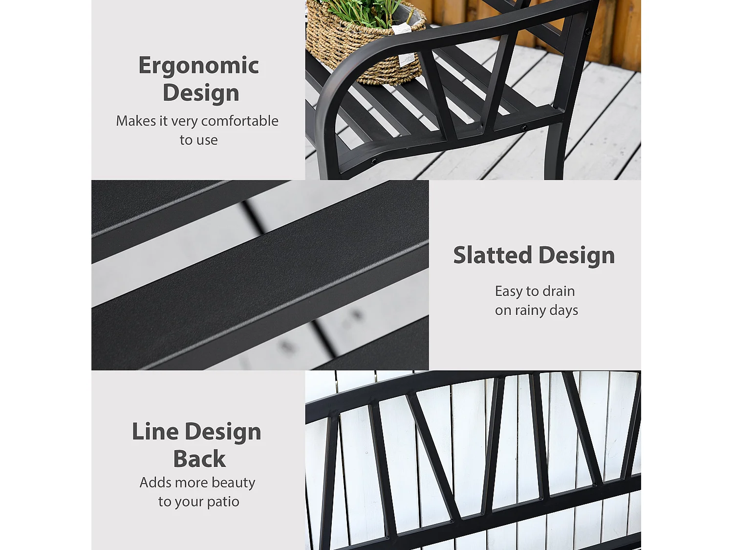 Lenasu Black Metal 2 Seater Garden Bench with Decorative Backrest and Armrests